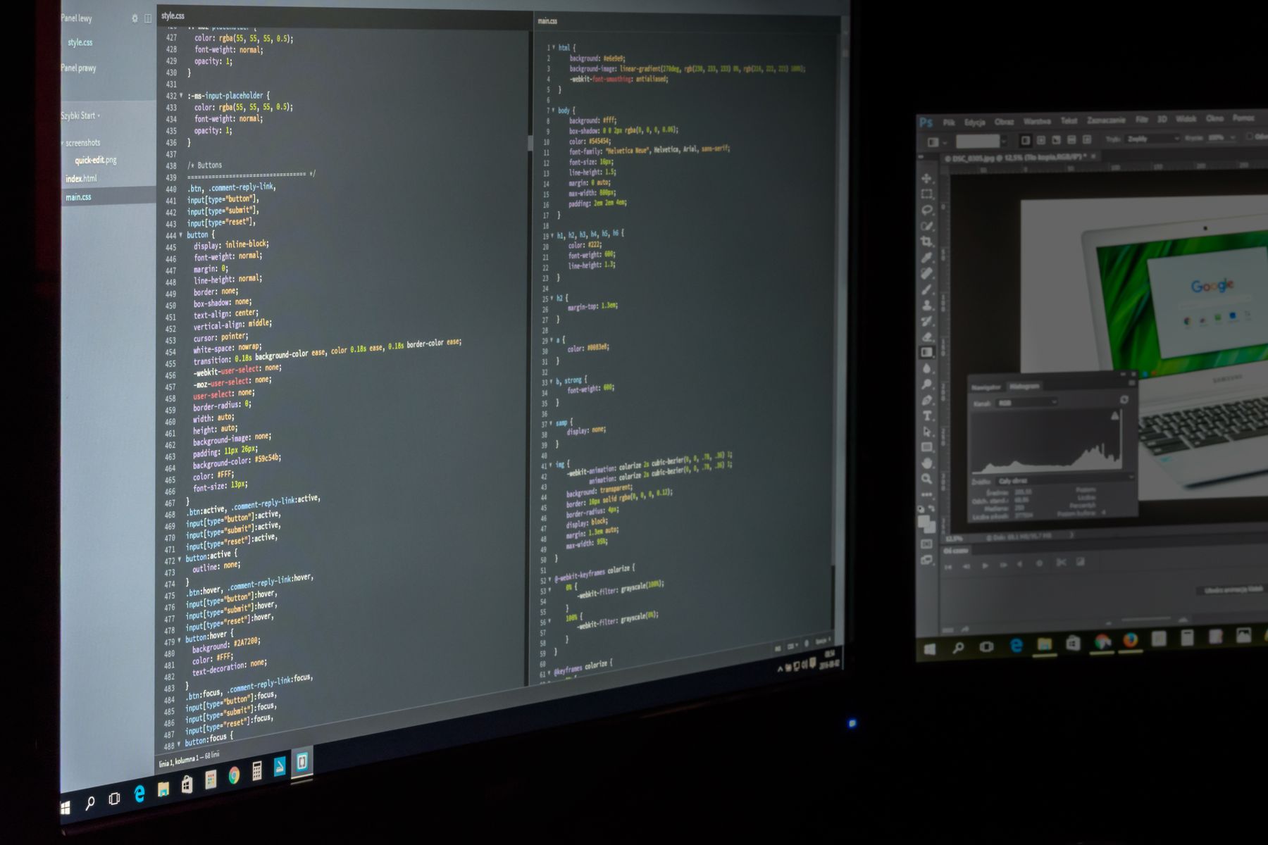 Two screens: a website’s code on one side, a graphic mock-up on the other